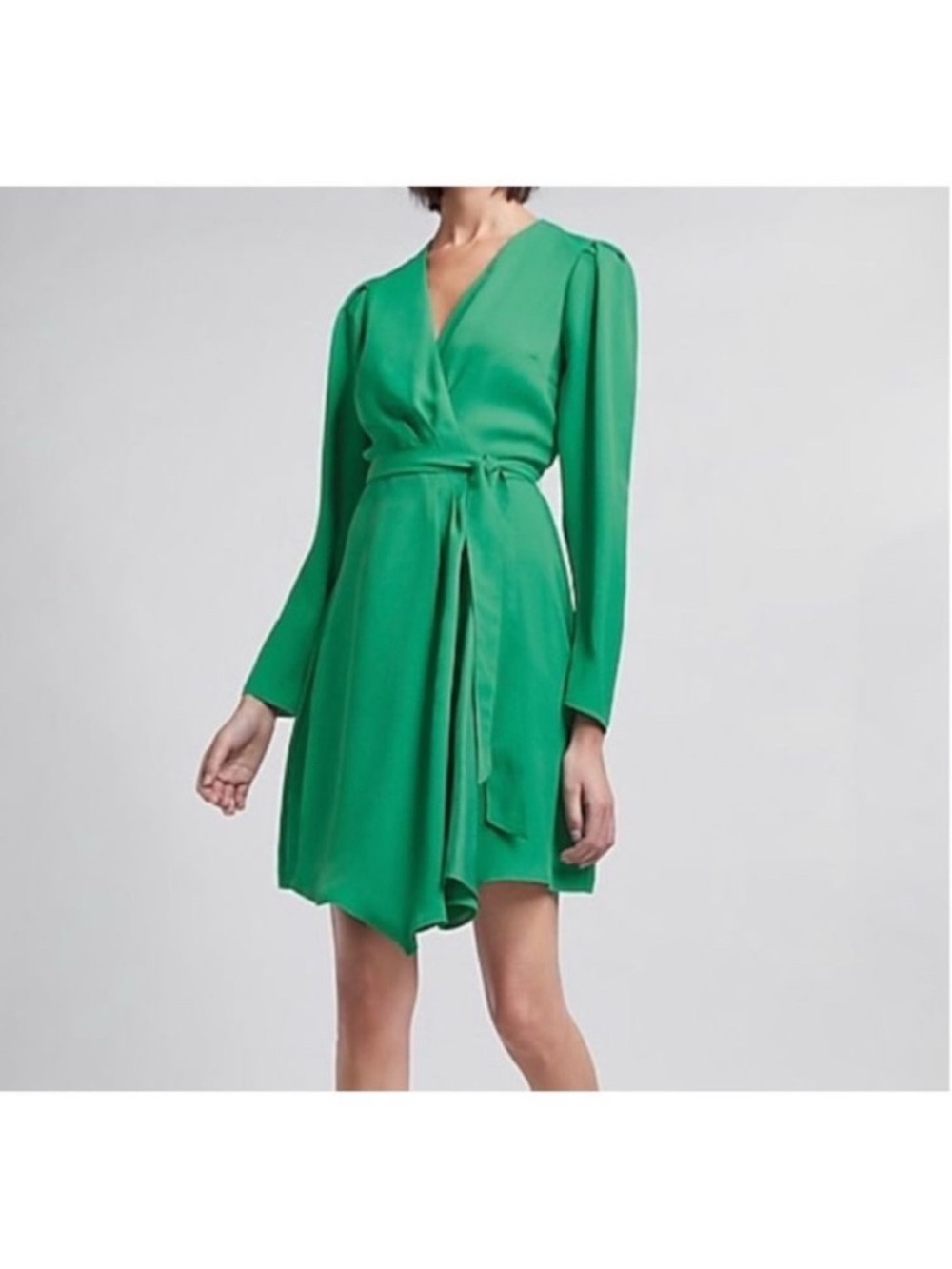 Express Green Wrap-Front Long Sleeve Dress